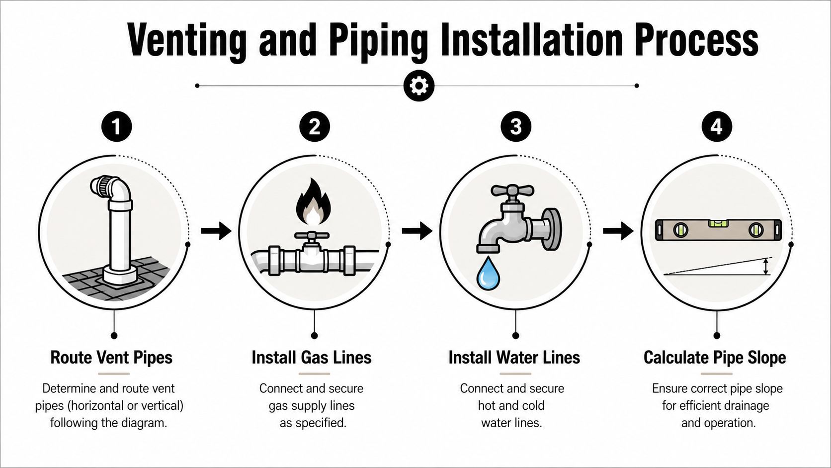 A step-by-step diagram illustrating the installation process for residential vent pipes, gas lines, and water lines.