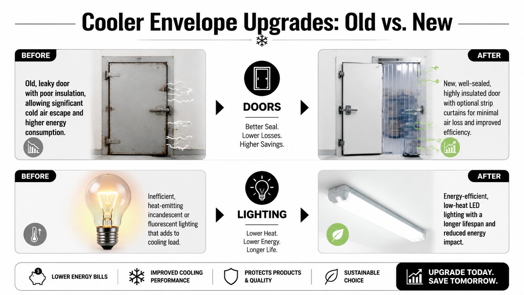 A diagram comparing old versus new cooler upgrades, highlighting door insulation and energy-efficient lighting improvements for businesses.