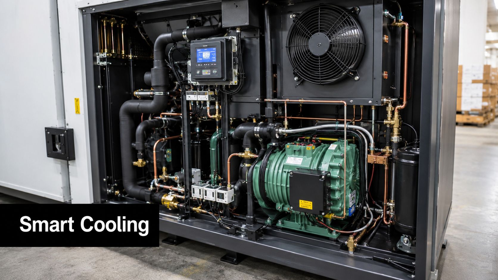 Internal components of an industrial cooling system showing copper pipes, a fan, and machinery inside a unit.