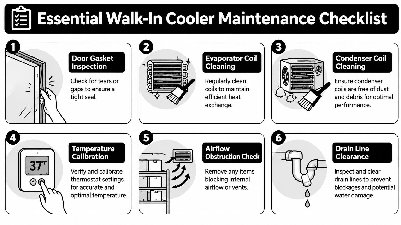 An infographic checklist for essential walk-in cooler maintenance including door, coils, temperature, airflow, and drain lines.
