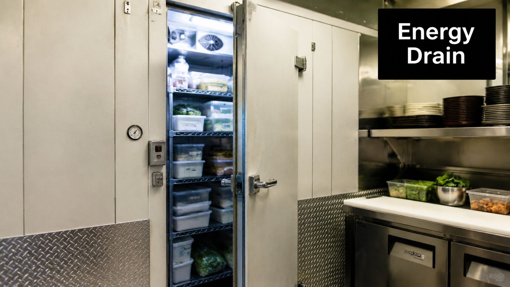 An open commercial walk-in cooler filled with stacked food containers on shelves inside a restaurant kitchen.