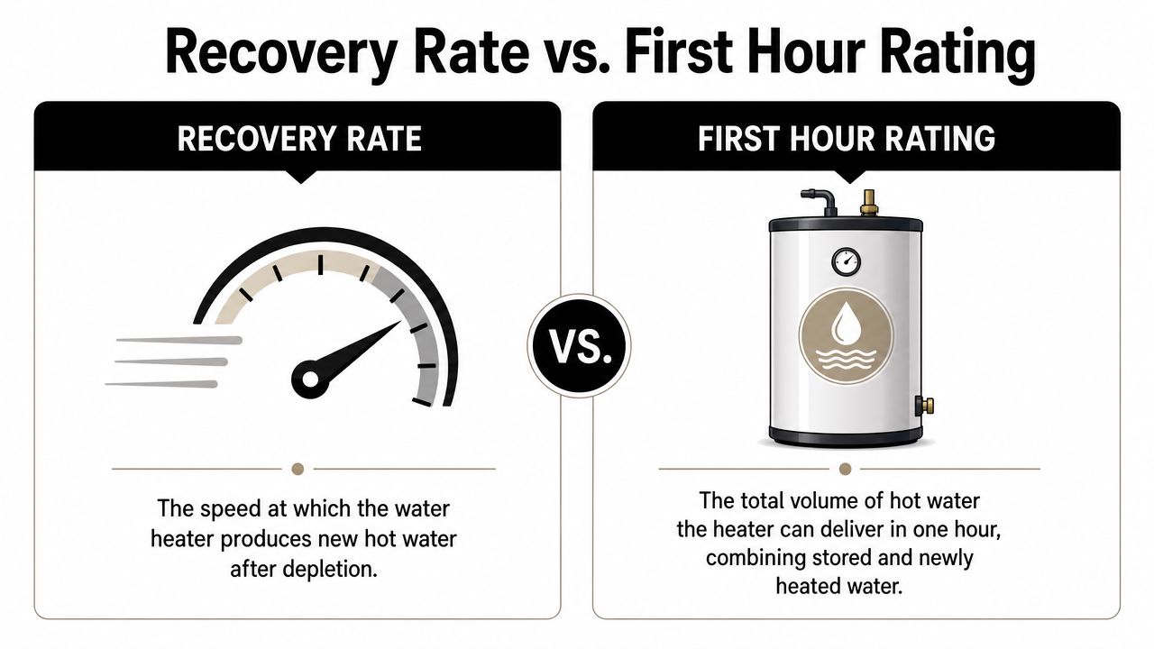 An infographic comparing water heater recovery rate and first hour rating with descriptive text for each.