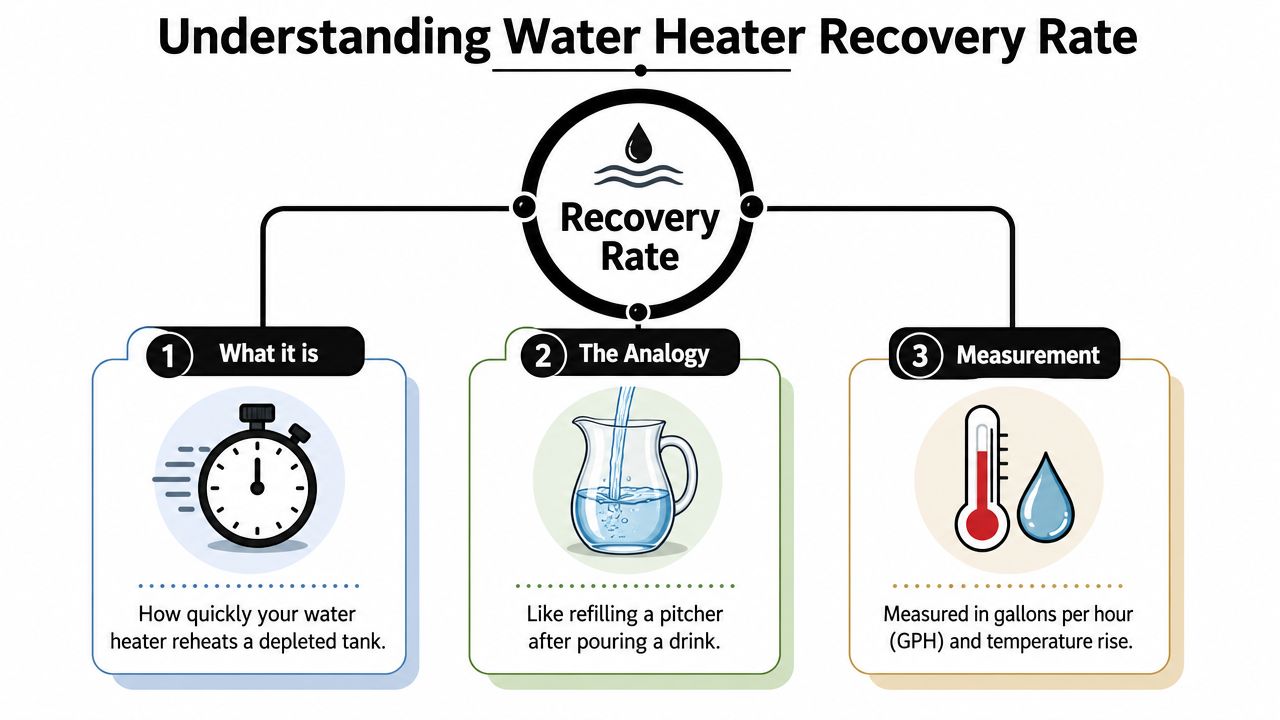 An infographic titled Understanding Water Heater Recovery Rate explaining its definition, an analogy, and measurement method.