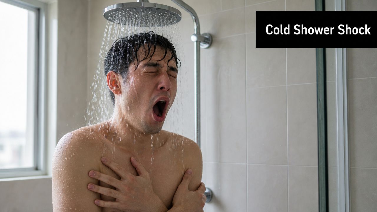 A man looking shocked and cold while taking a shower under a rainfall shower head.