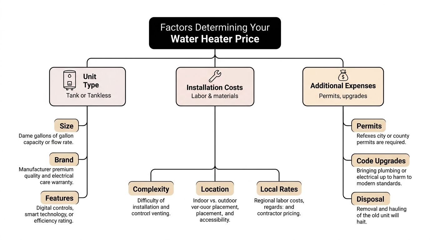 An infographic showing the main factors determining the total cost of a water heater replacement.