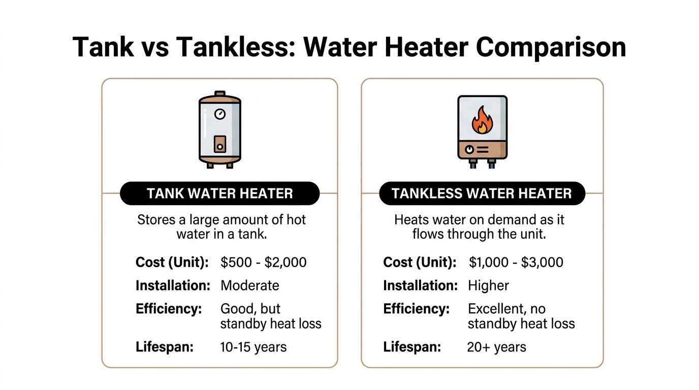 A comparison chart showing the differences between tank and tankless water heaters regarding cost, installation, efficiency, and lifespan.