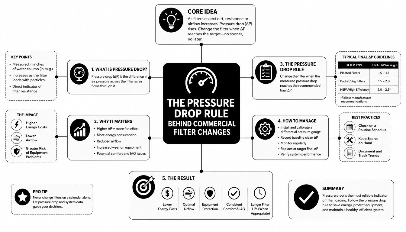 A flowchart explaining the pressure drop rule for efficiently determining when to replace commercial air filters.