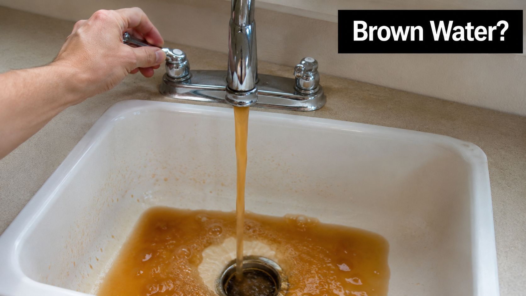 A hand turns on a chrome faucet causing brown, discolored water to flow into a white sink.
