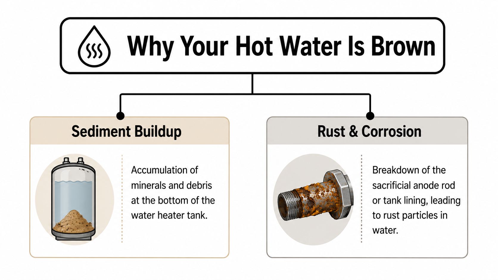 An infographic titled Why Your Hot Water Is Brown explaining sediment buildup and rust and corrosion causes.