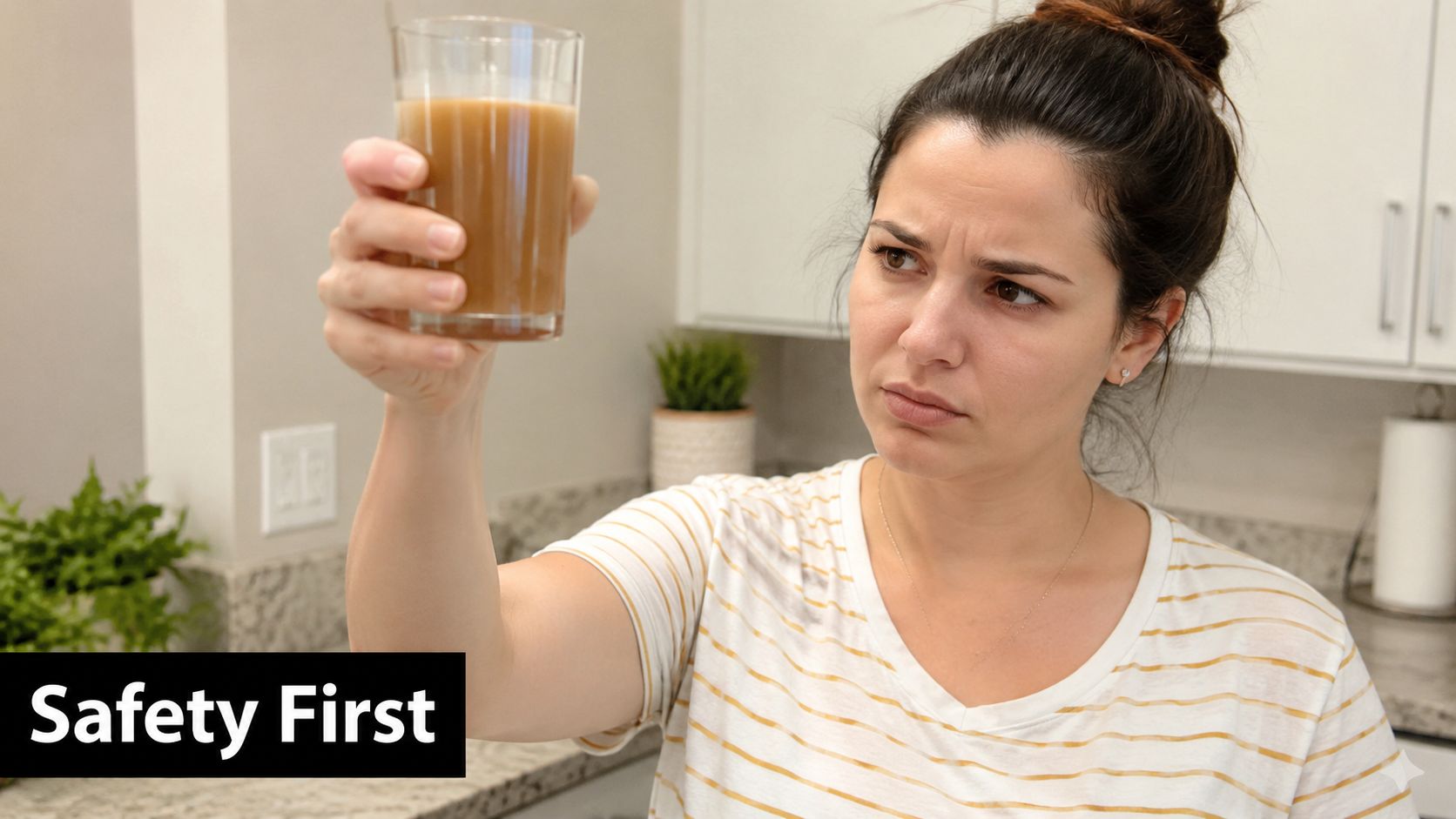 A concerned woman inspects a glass of murky brown water in her kitchen.