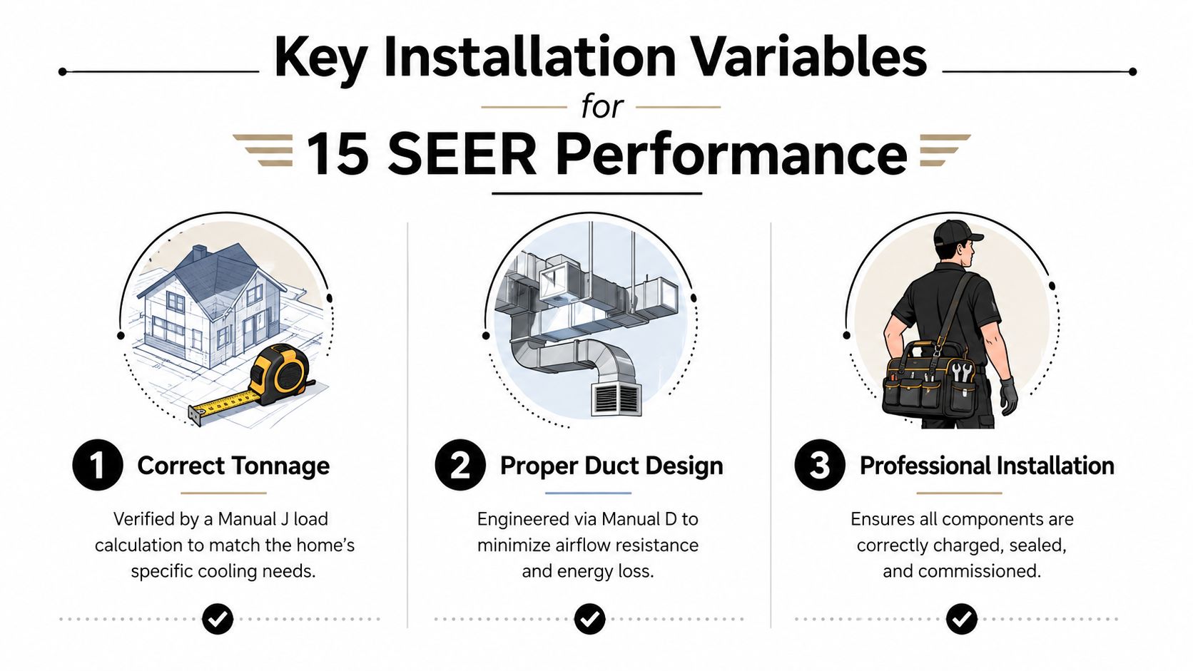 A graphic showing three key installation variables needed for 15 SEER HVAC system performance optimization.