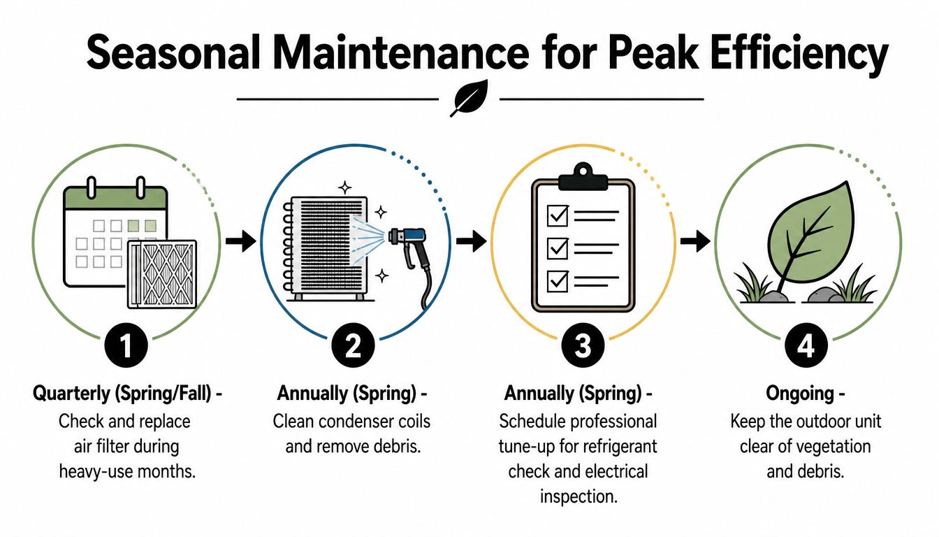 An infographic detailing four seasonal maintenance steps to ensure peak efficiency for heat pump and HVAC systems.