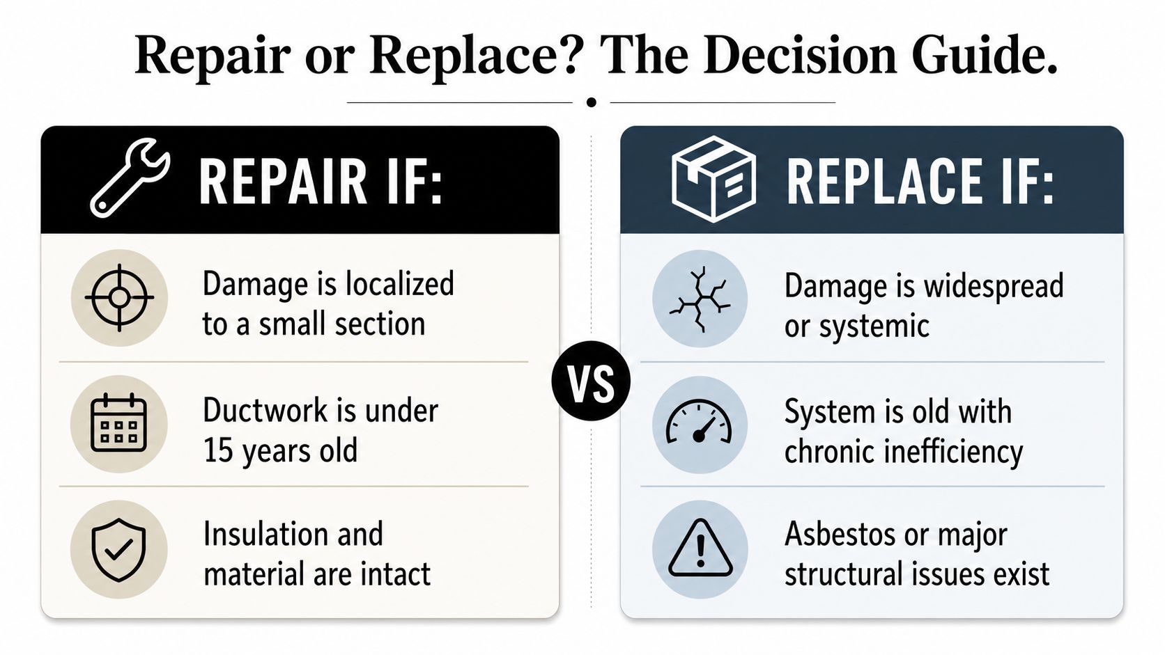 A decision guide infographic comparing the factors for choosing to repair or replace air duct systems.