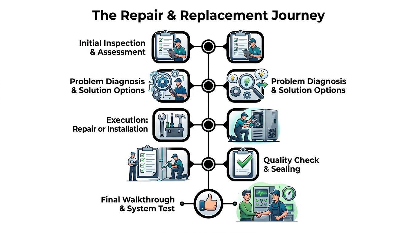 A visual infographic showing the steps of the professional air duct repair and replacement service process.