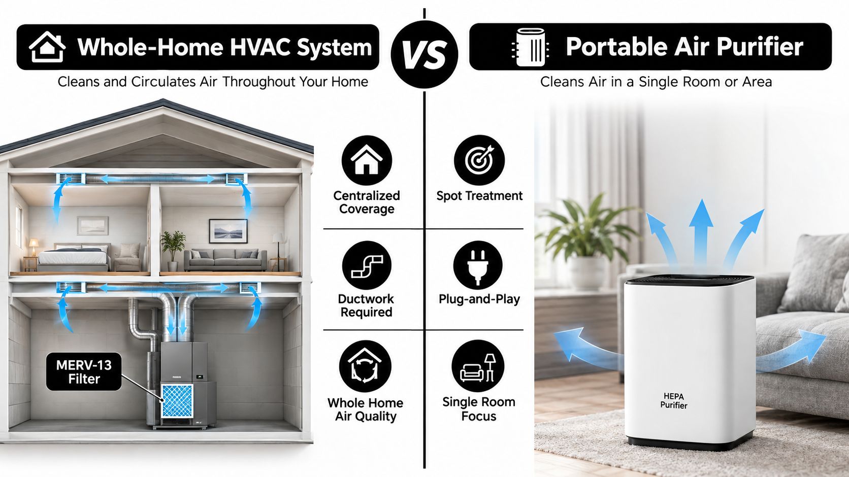 An infographic comparing whole-home HVAC systems with air filters to portable air purifiers for home use.