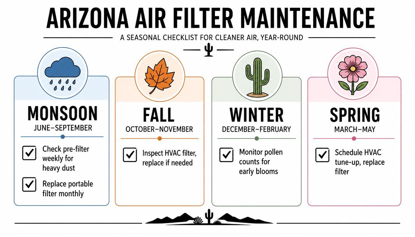An infographic detailing a seasonal maintenance checklist for residential air filters throughout the Arizona year.