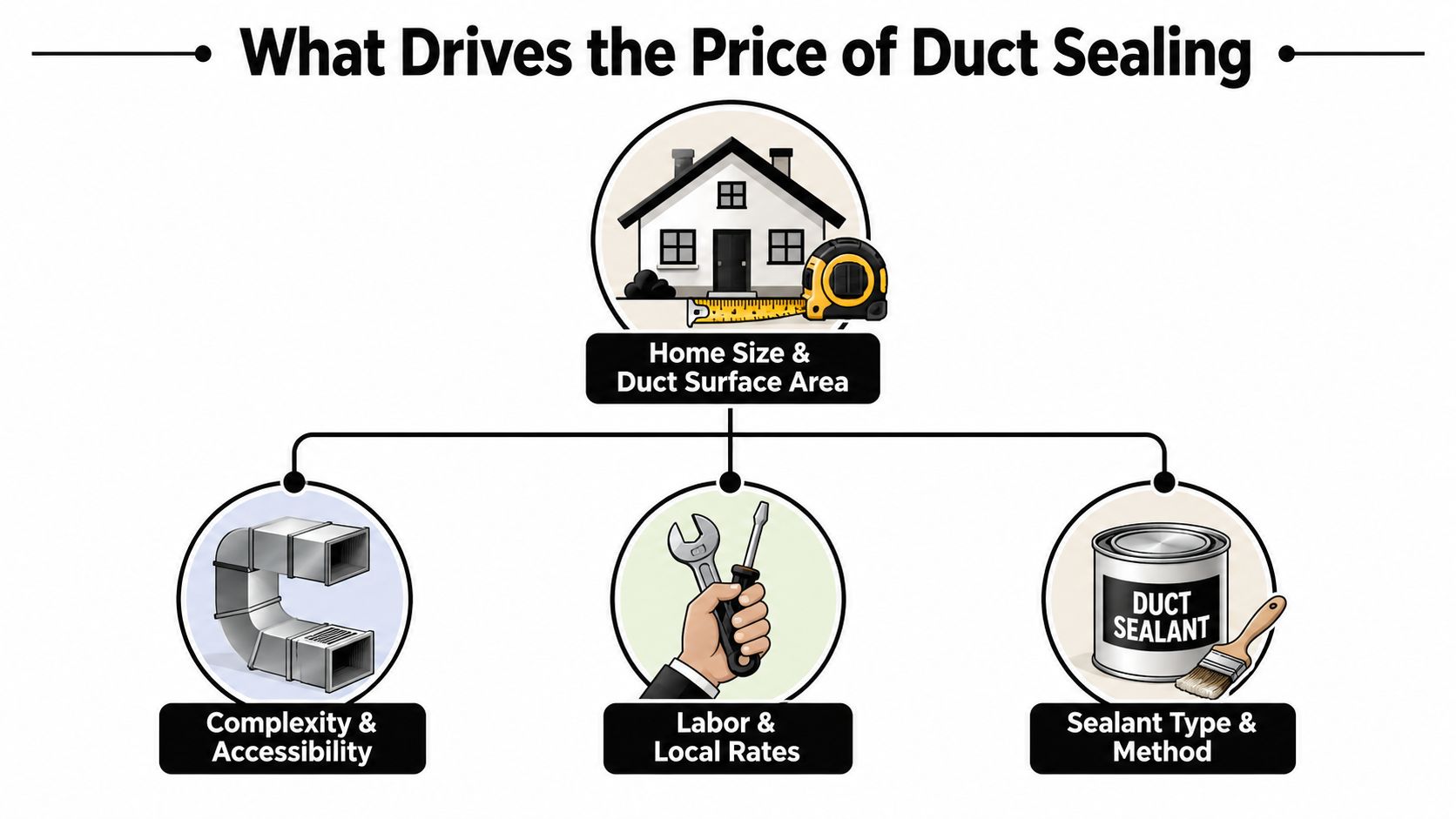 A diagram explaining factors that affect the cost of duct sealing including size, accessibility, and materials.