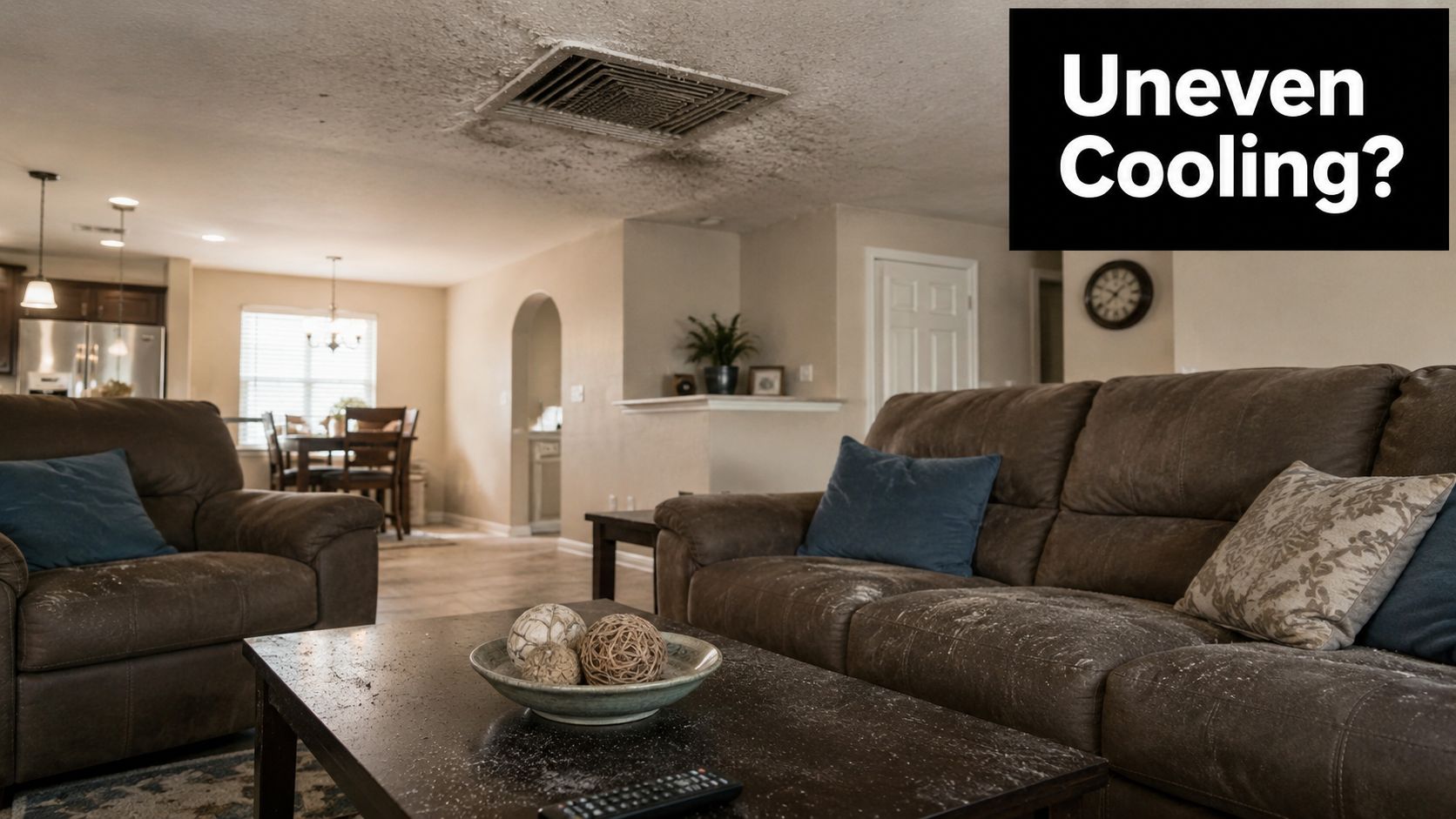 A living room featuring a couch and coffee table beneath a dirty ceiling vent needing cleaning