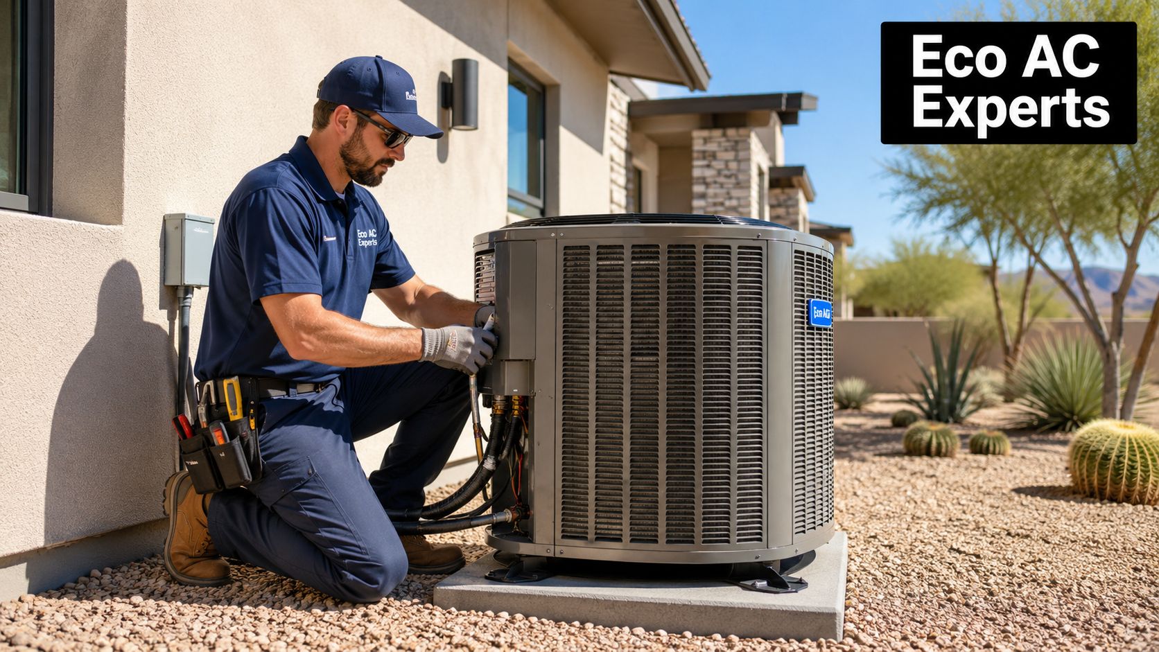 A professional HVAC technician in a uniform kneeling while servicing an outdoor air conditioning unit.