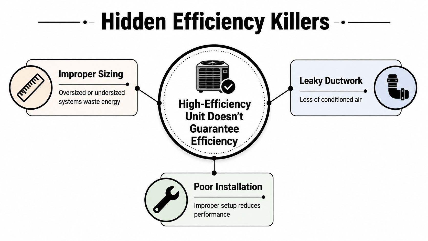 A diagram illustrating three hidden efficiency killers for heating and cooling systems: improper sizing, leaky ductwork, and poor installation.