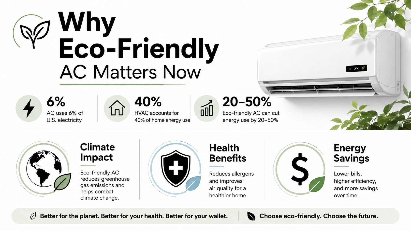 An infographic titled Why Eco-Friendly AC Matters Now, illustrating energy consumption, climate impact, health benefits, and financial savings.