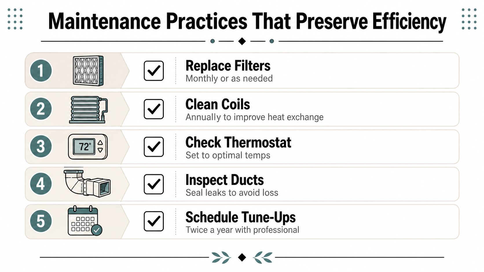 An infographic titled Maintenance Practices That Preserve Efficiency, listing five essential HVAC care steps to improve home system performance.