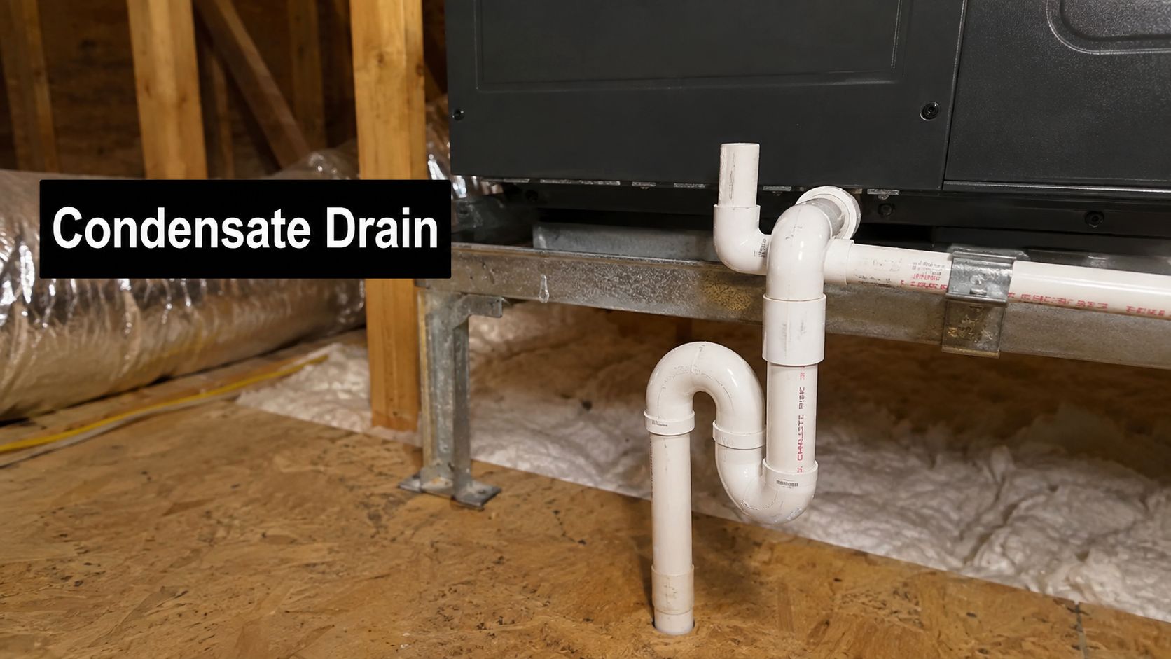 A close-up of a residential HVAC condensate drain pipe setup with a P-trap installed in an attic.