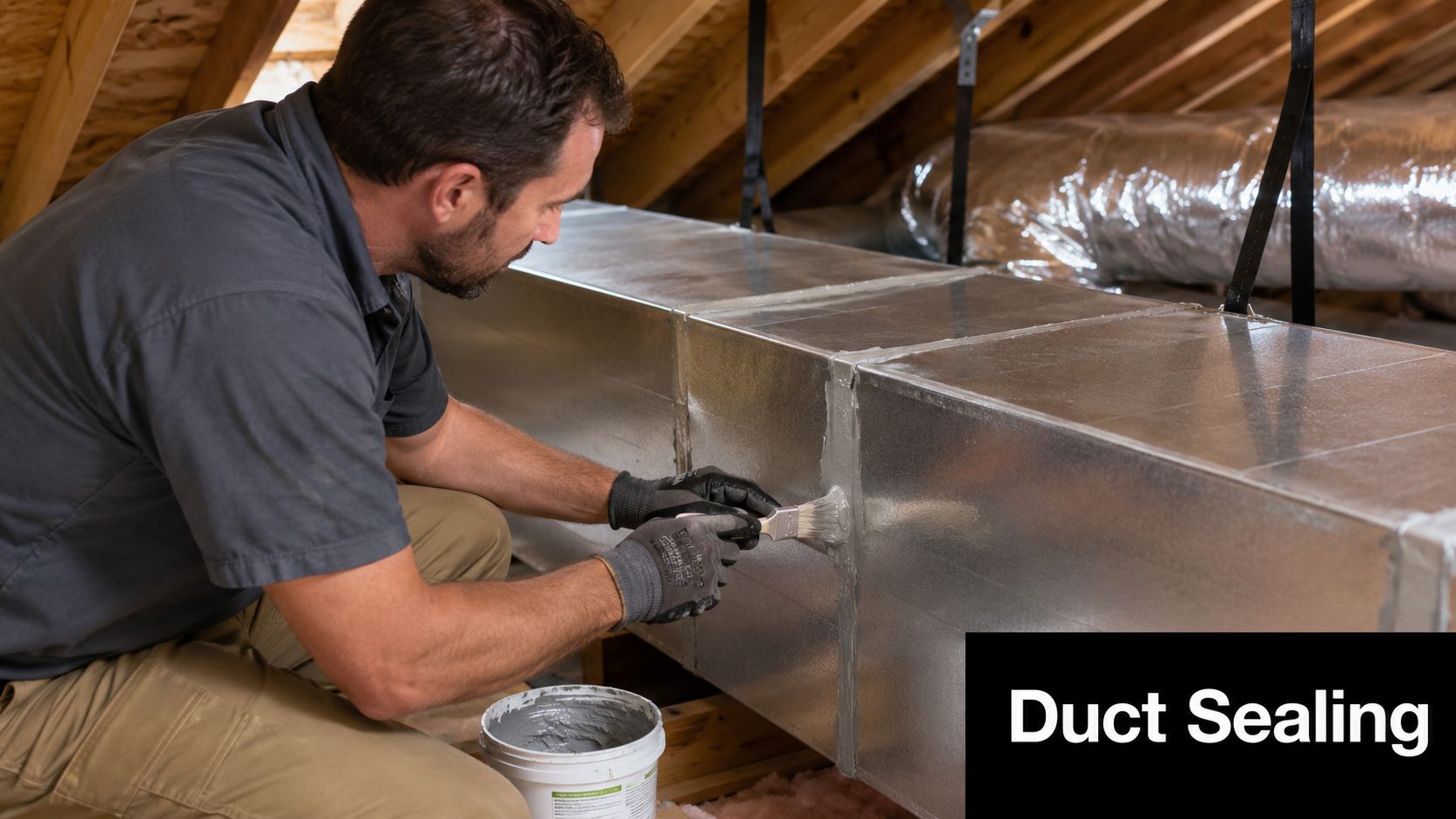A professional technician carefully applying mastic sealant to the joints of metal HVAC ductwork in an attic.