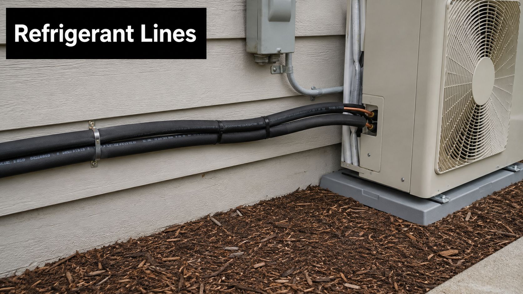 Insulated copper refrigerant lines running along the exterior wall connecting to an outdoor HVAC unit.
