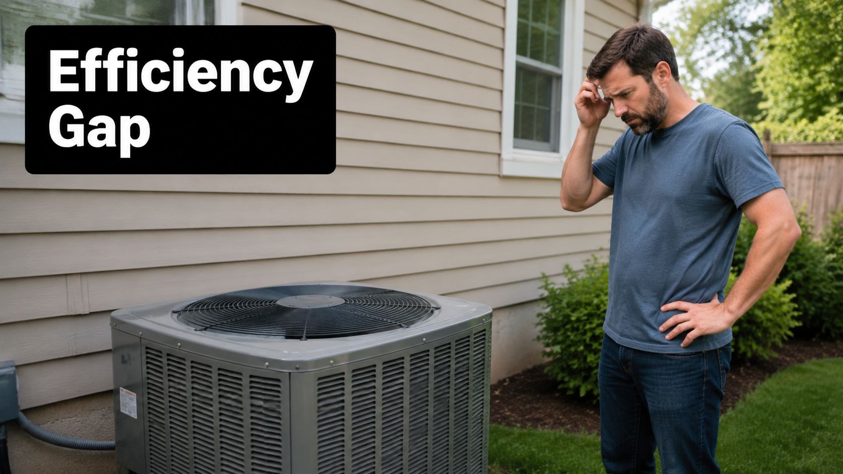 A concerned man stands outside his house next to a large air conditioning unit while troubleshooting issues.