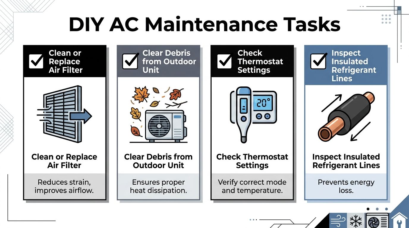 An infographic showing four essential DIY maintenance tasks for keeping an air conditioning unit running efficiently.