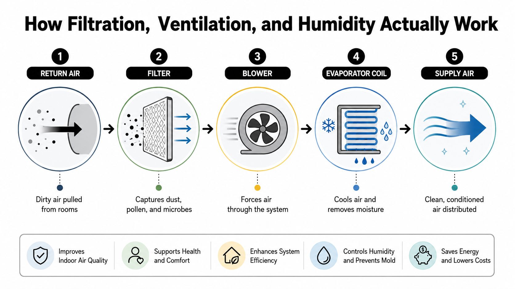 A diagram illustrating the five-step process of HVAC filtration, ventilation, and humidity control for home air systems.