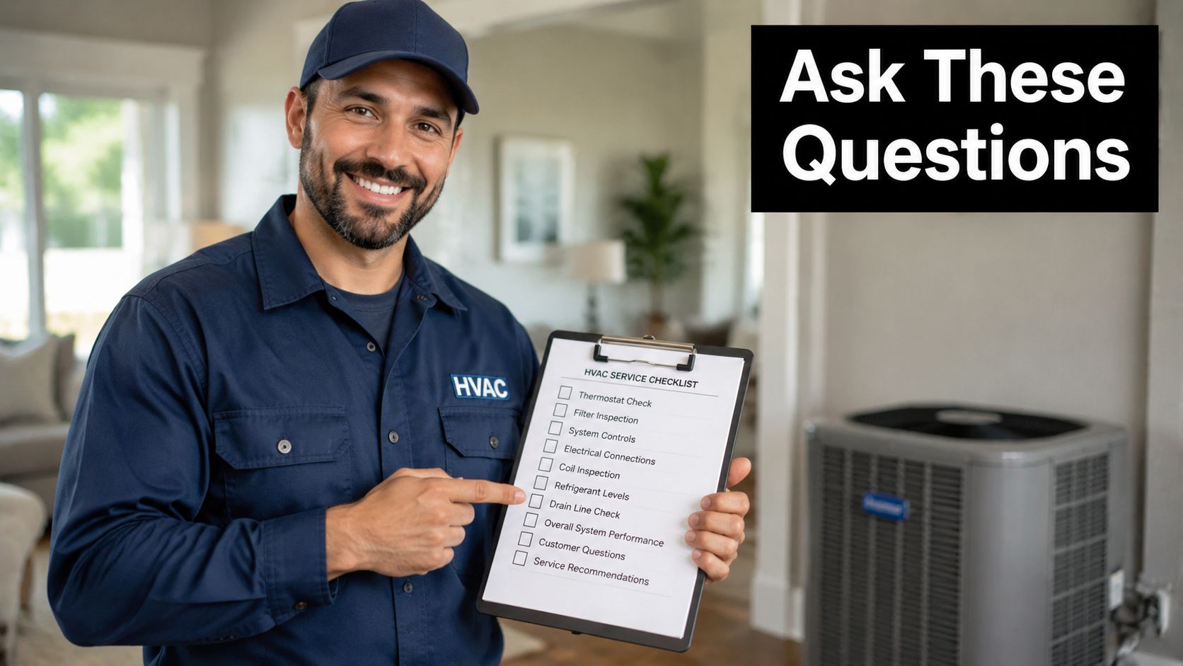 A friendly HVAC technician holding a service checklist clipboard while pointing to maintenance tasks for homeowners.