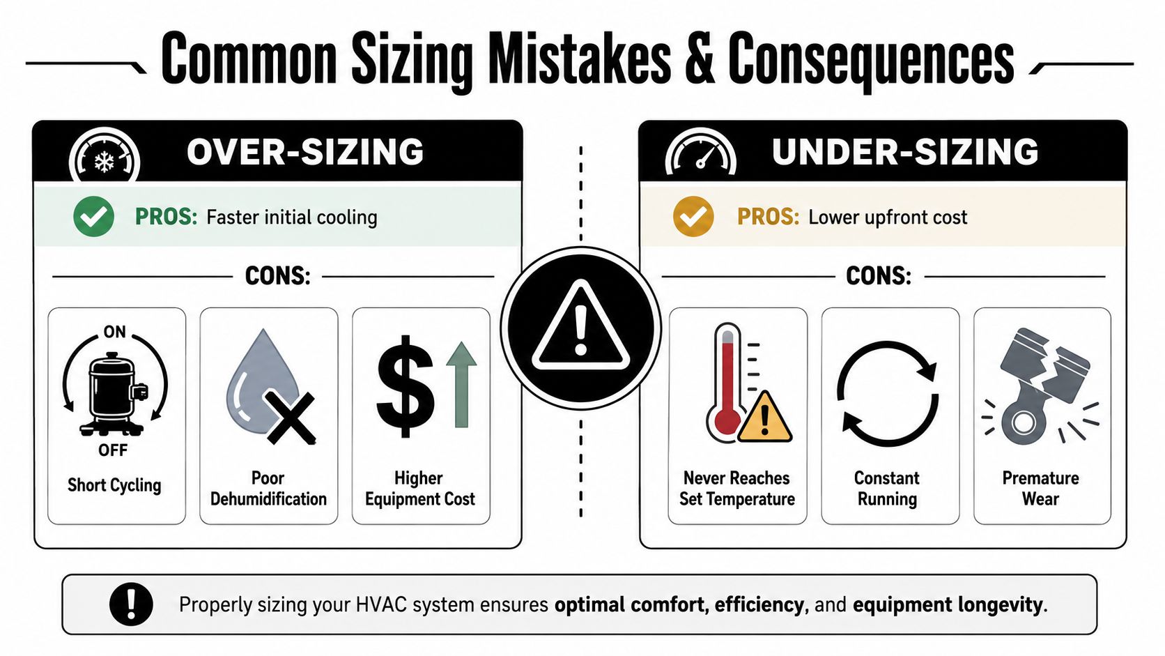An infographic showing the pros and cons of over-sizing and under-sizing HVAC equipment for home comfort.
