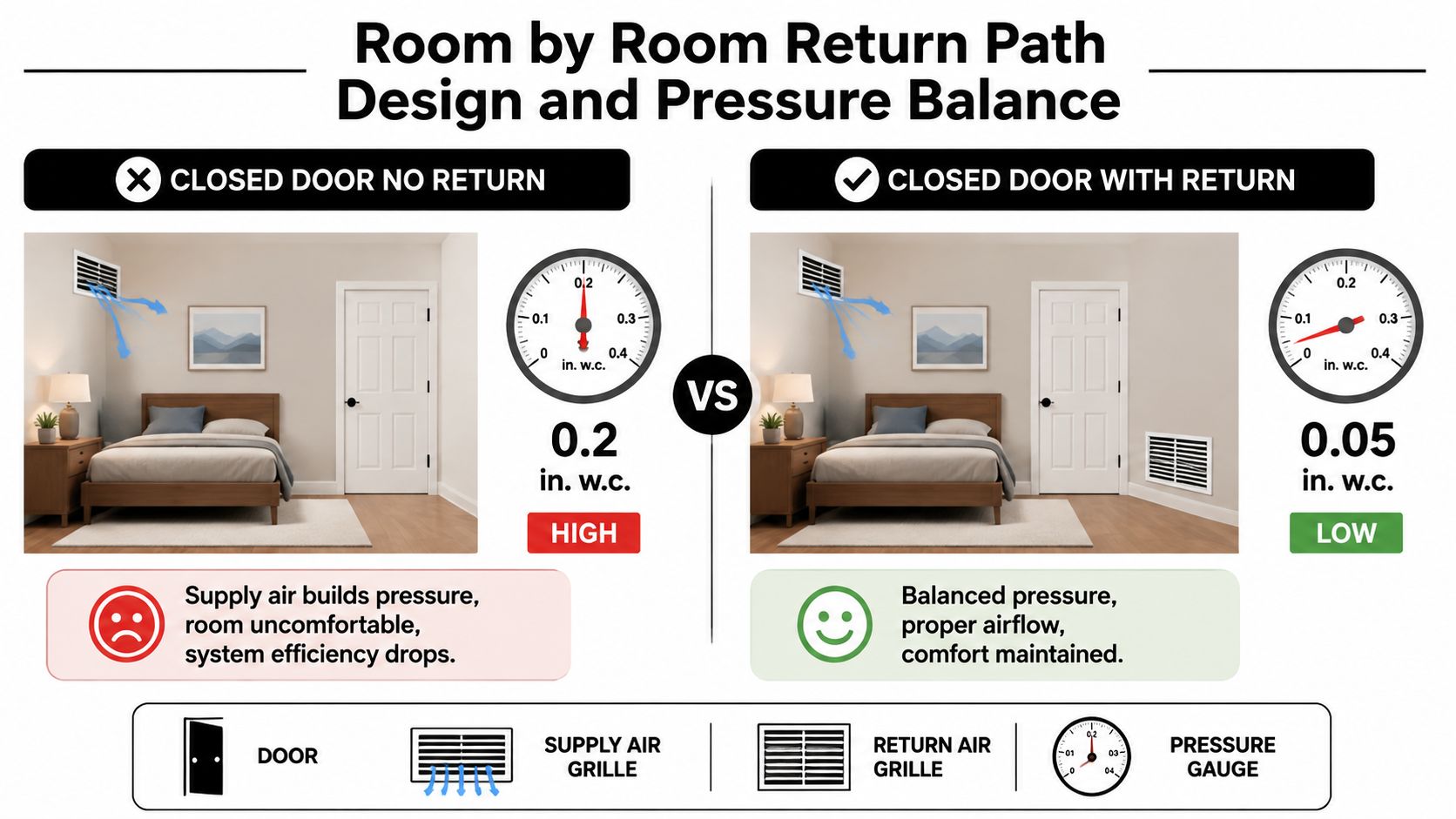 A diagram comparing pressure balance in a room with and without a return air vent.