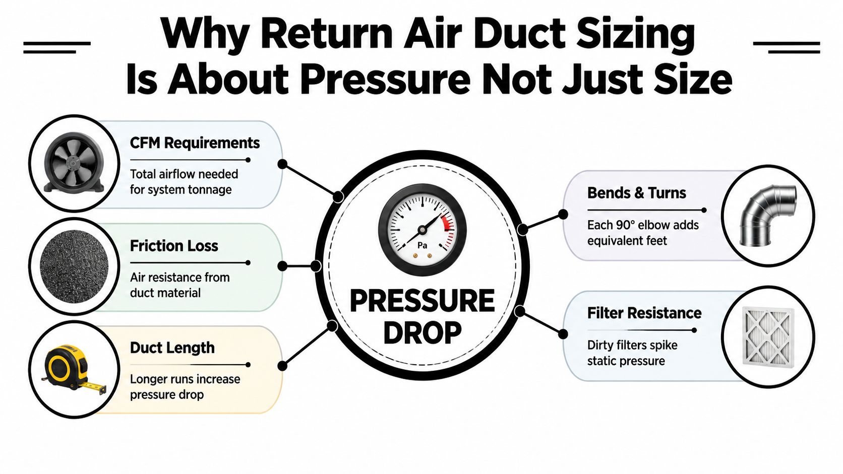 An infographic explaining how factors like CFM, friction, length, bends, and filters impact duct pressure drop.