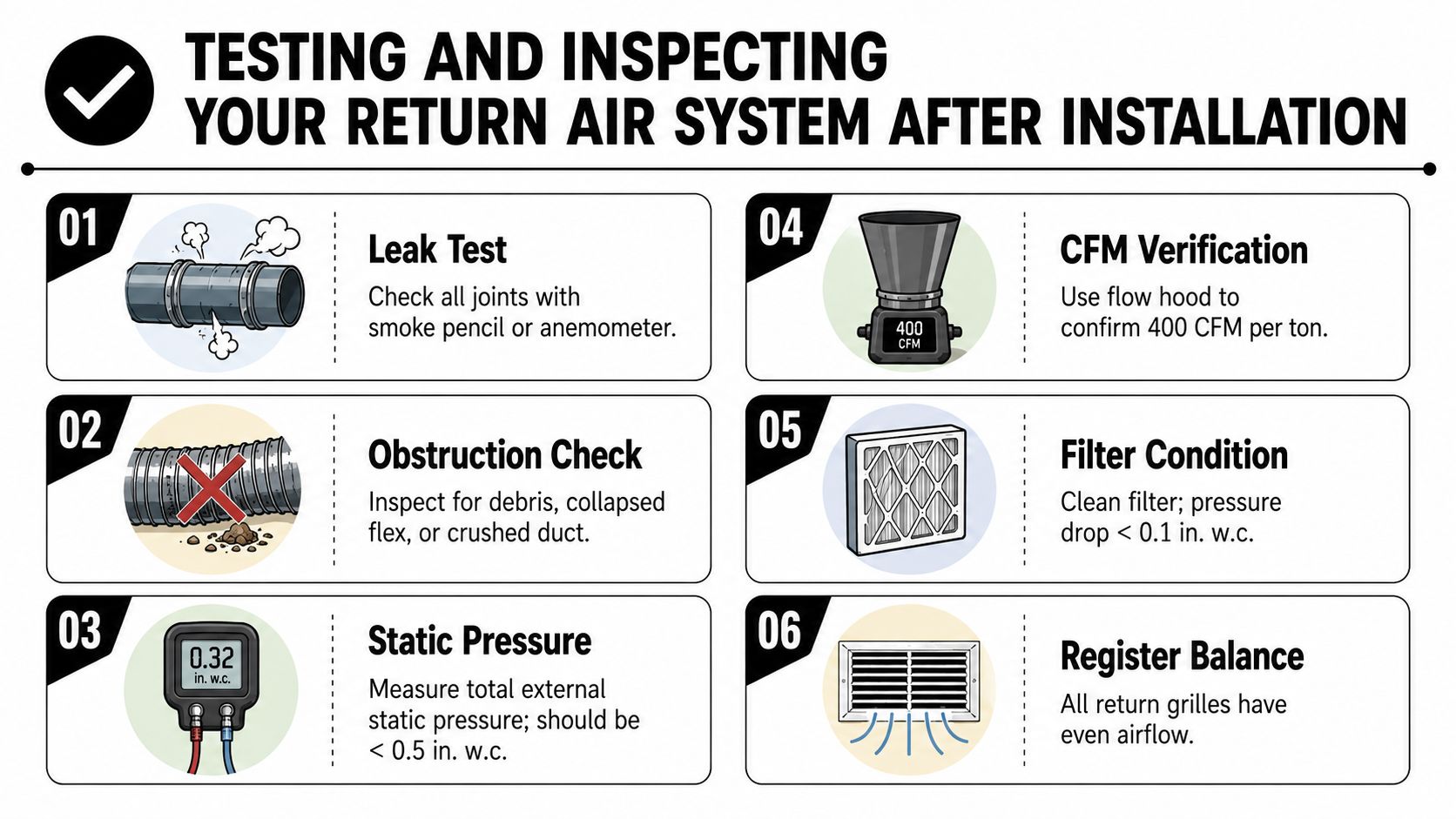 A six-step infographic guide illustrating essential procedures for testing and inspecting a residential return air system after installation.