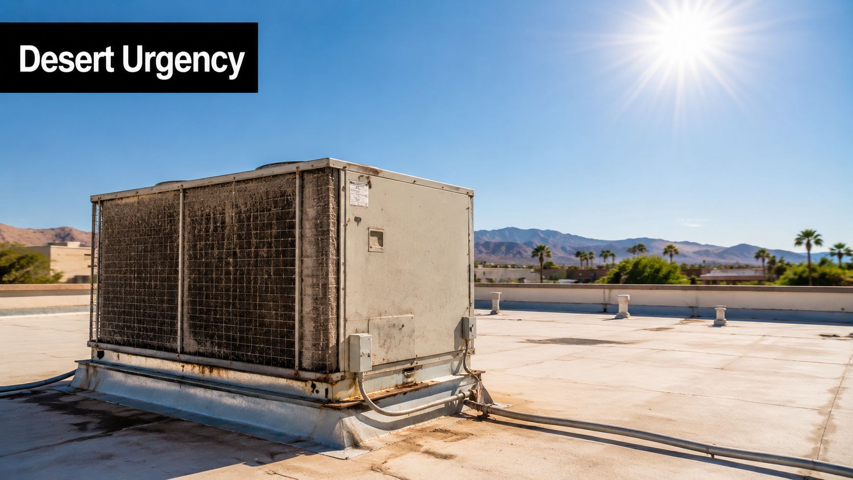 A large commercial HVAC rooftop unit sits on a flat roof under a bright, sunny desert sky.
