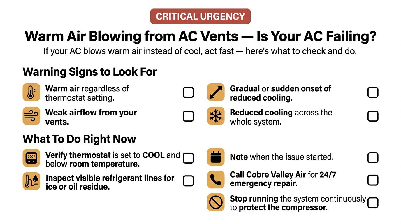 A checklist for homeowners detailing warning signs and immediate steps for an air conditioning system blowing warm air.