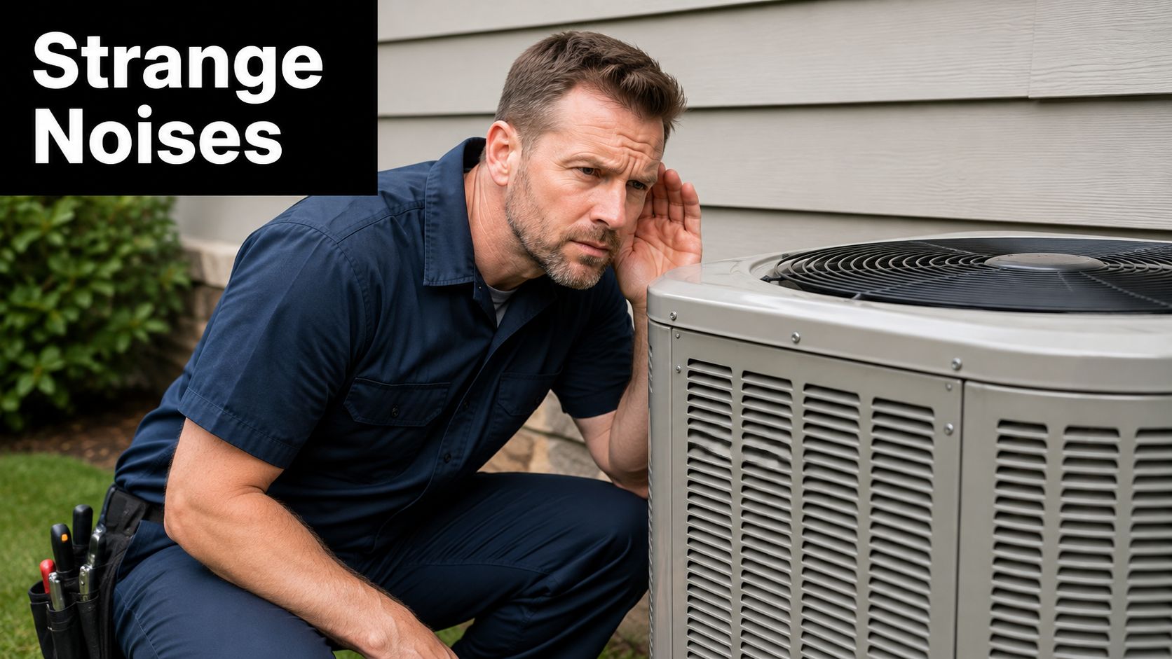 A professional technician in a blue uniform inspecting an air conditioning unit to diagnose strange operational noises.