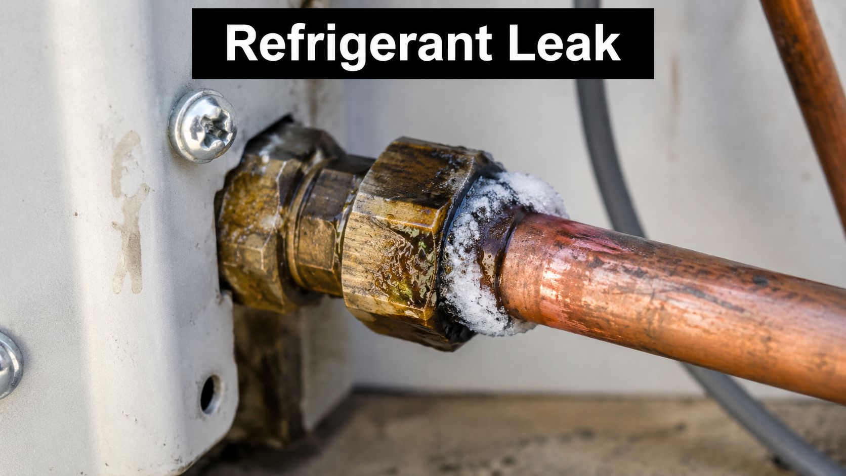 Close-up of a damaged HVAC copper pipe fitting showing frost buildup indicating a refrigerant leak issue.