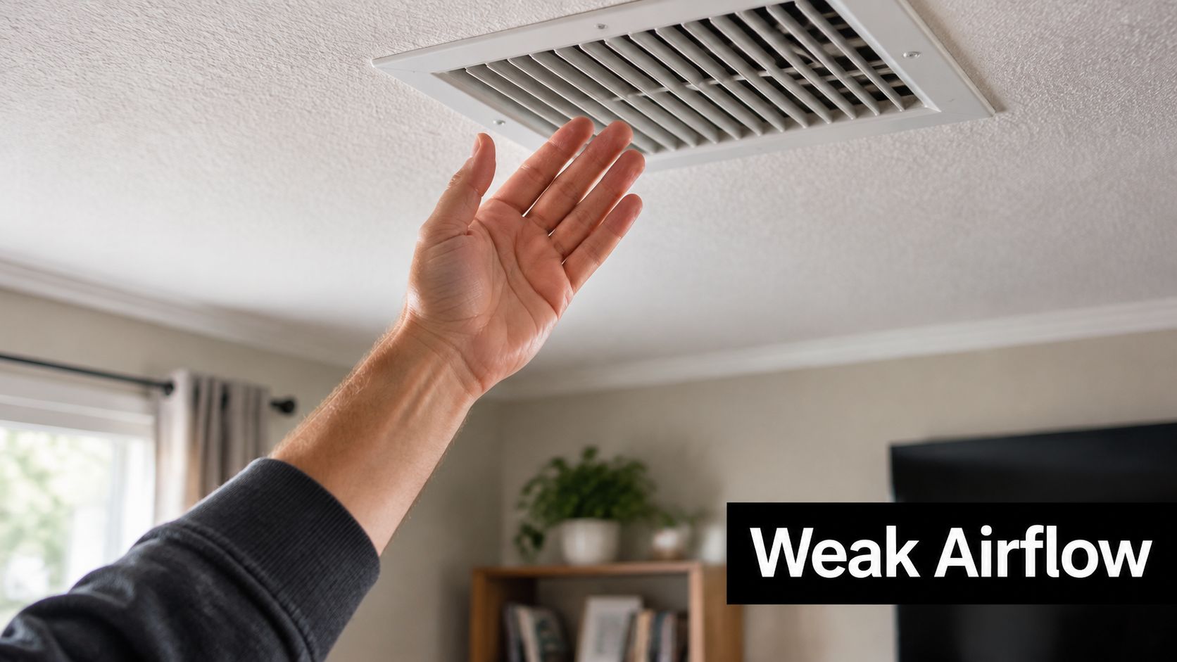 A person checking the weak airflow coming from a ceiling HVAC air conditioning vent in a room.