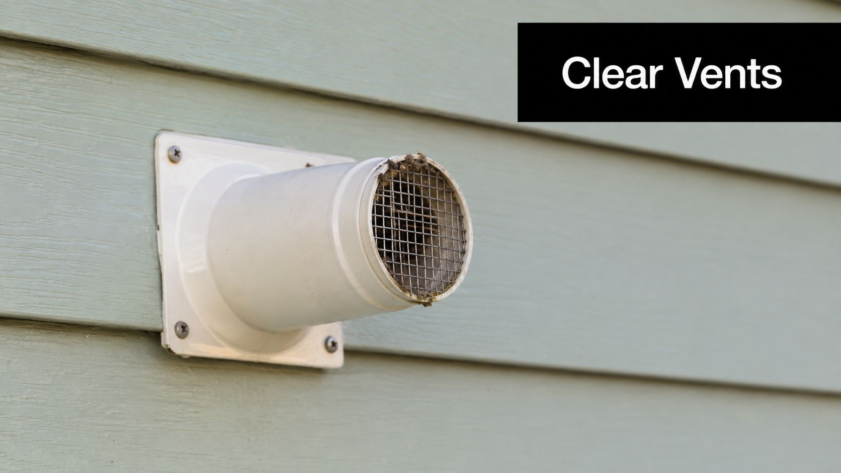 A close-up view of an exterior white plastic vent cover installed on light green house siding.