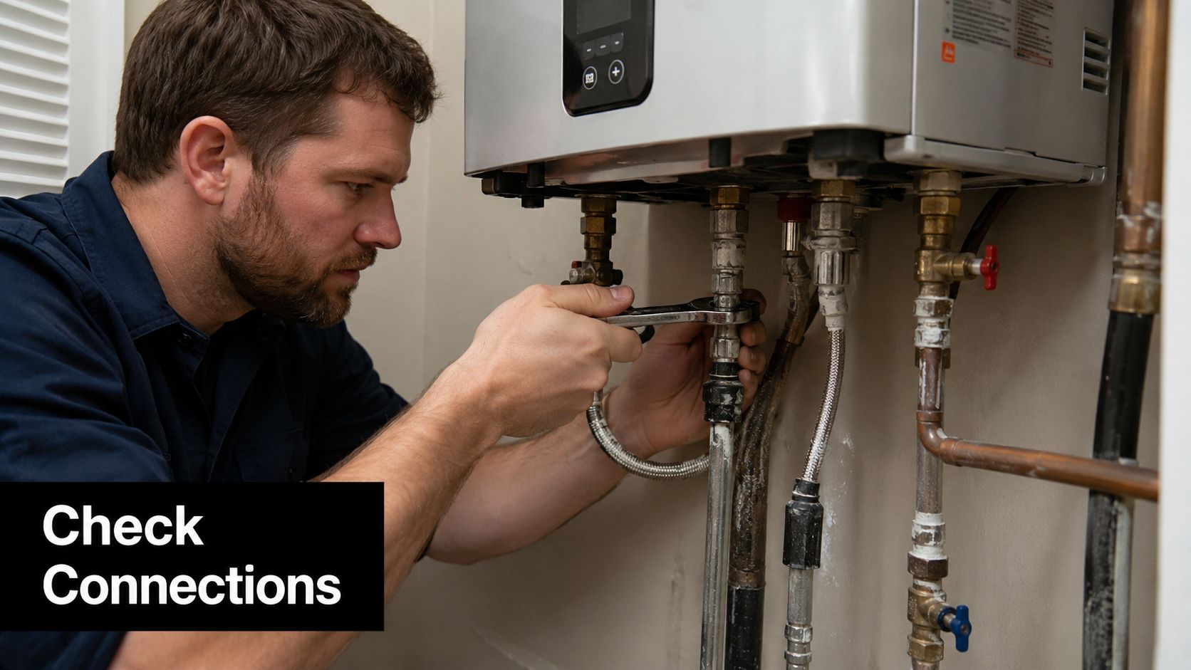A professional technician carefully inspects and tightens the plumbing connections on a wall-mounted tankless water heater.