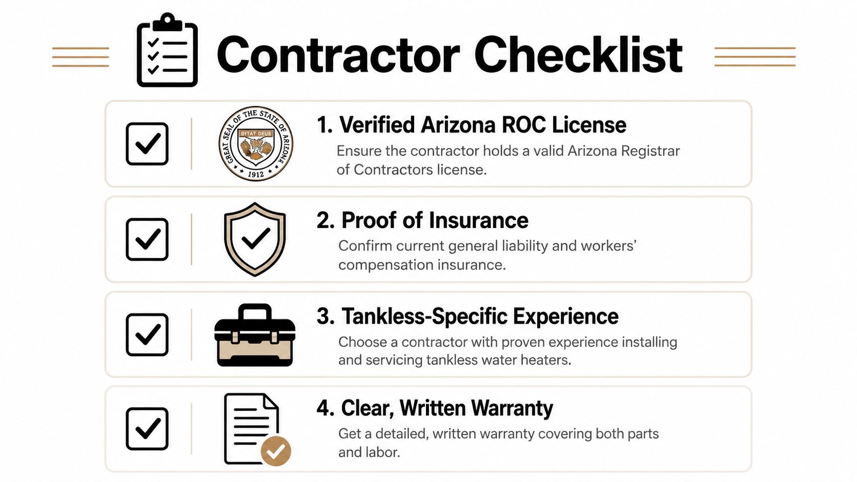 A professional contractor checklist for hiring a technician to install or repair a tankless water heater.