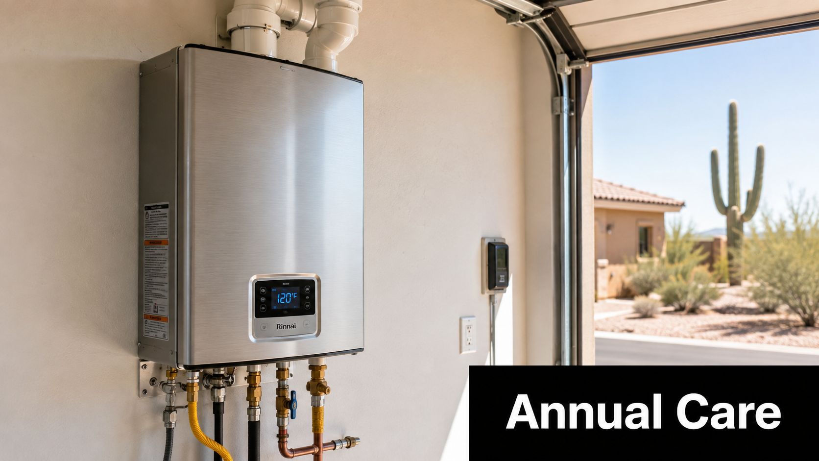 A modern Rinnai tankless water heater mounted on a clean garage wall with outdoor scenery.