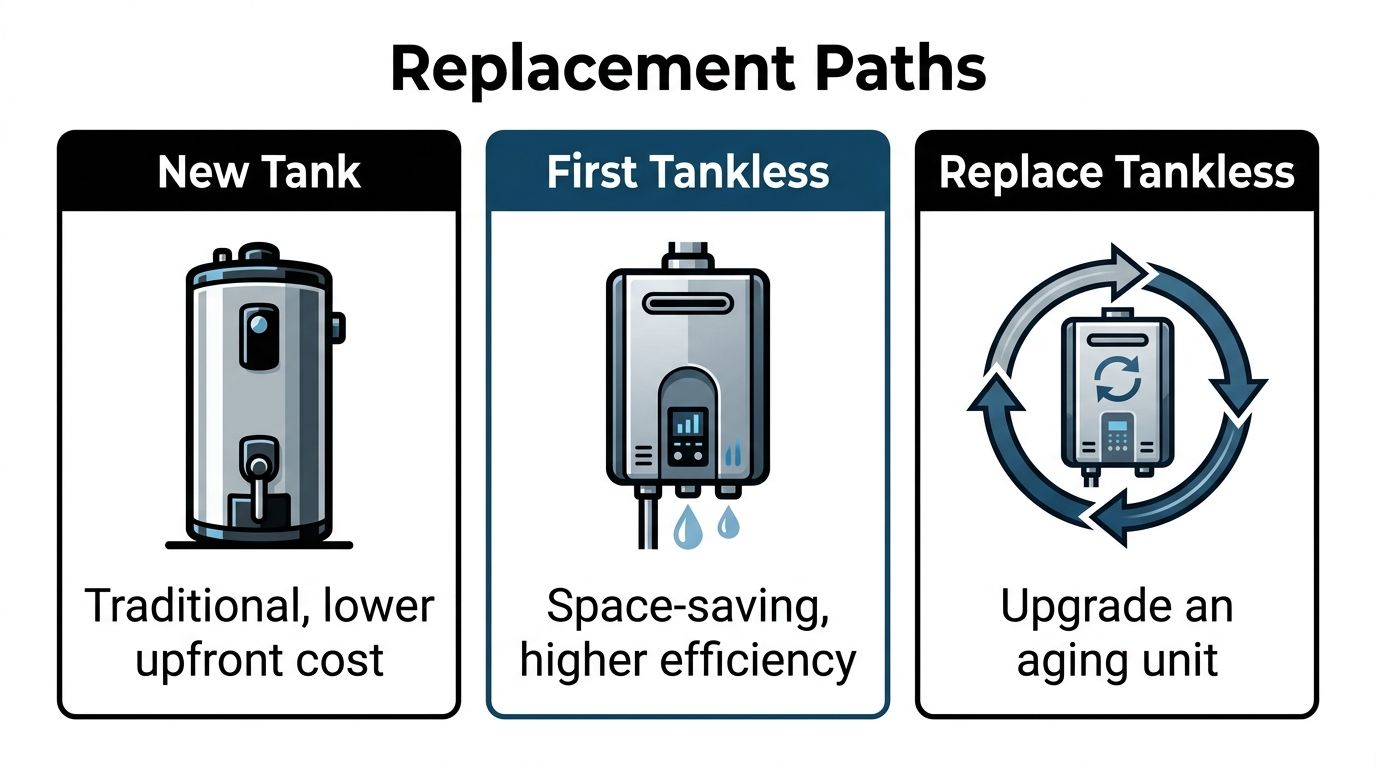 A diagram illustrating three different water heater replacement paths including new tank, first tankless, and replacement tankless.