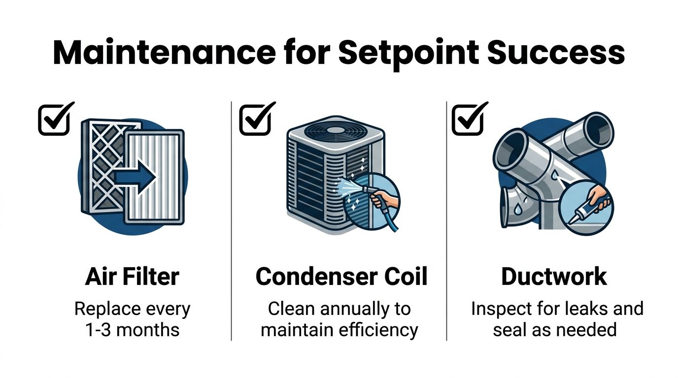 An infographic titled Maintenance for Setpoint Success showing instructions for maintaining air filters, condenser coils, and ductwork.