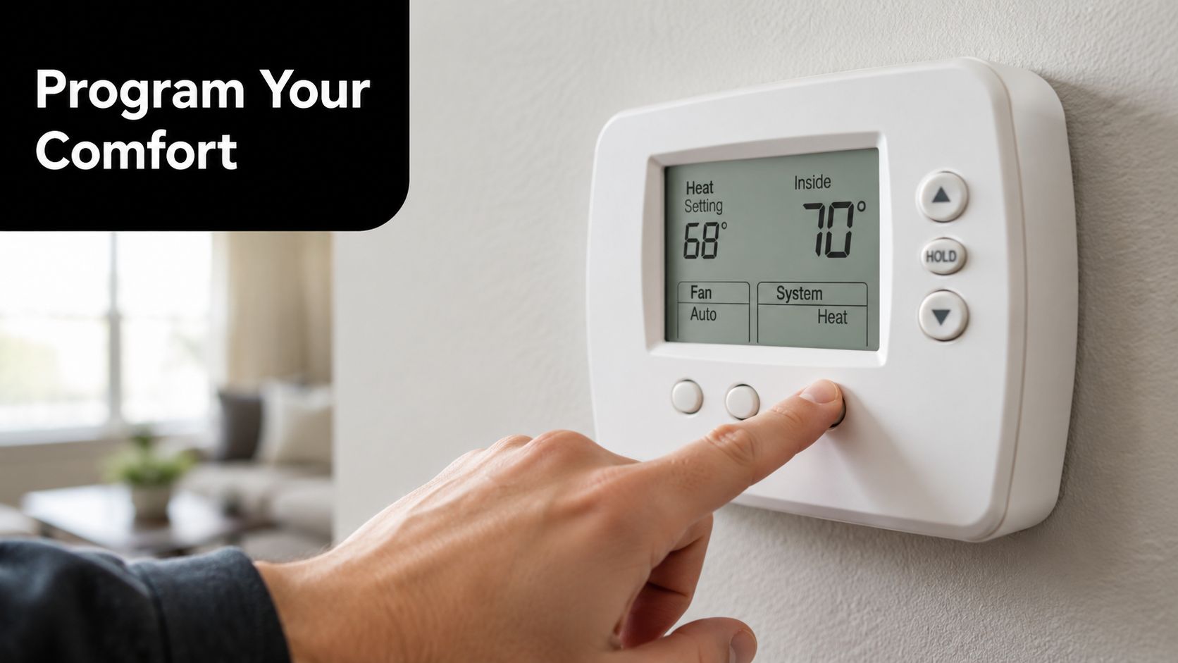 A close-up view of a hand adjusting a digital home thermostat set to heat mode.