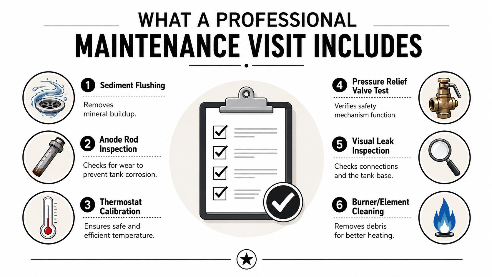 A checklist infographic illustrating six essential steps included in a professional water heater maintenance service visit.